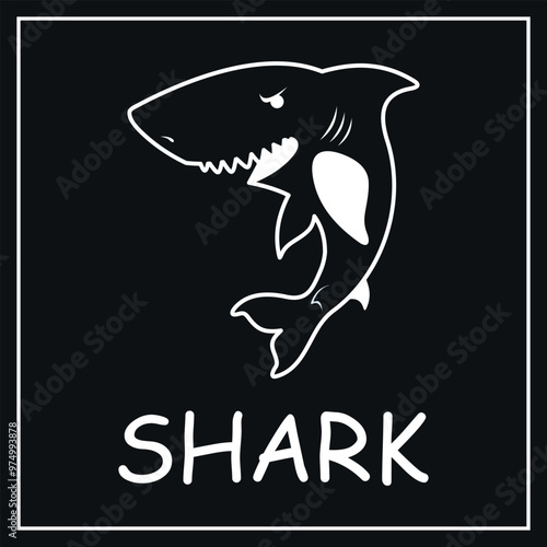 White logo of a dangerous shark. Vector on black background