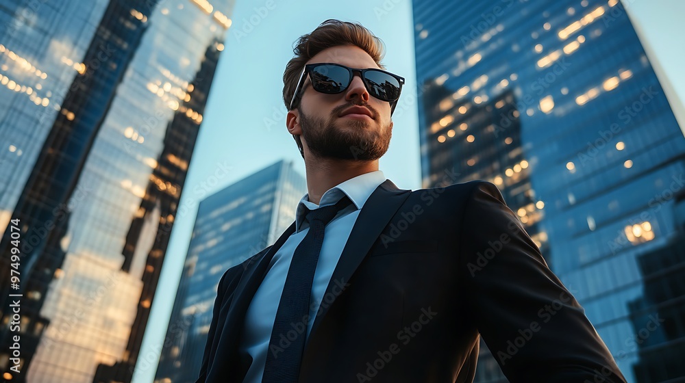 Fototapeta premium Confident businessman in suit and sunglasses looking up at skyscrapers in city. Concept of success, ambition, leadership, and power