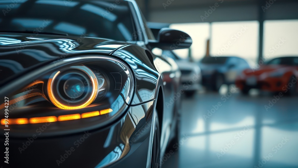 a close up view of a shiny car in a showroom with other vehicles in the background a close up view of a shiny car in a showroom with other vehicles in the background