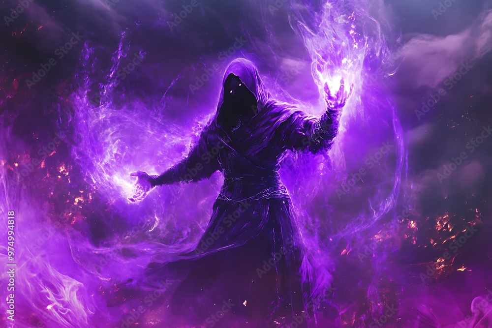 Dark sorcerer casting powerful magic spell with purple flames Dark sorcerer casting powerful magic spell with purple flames