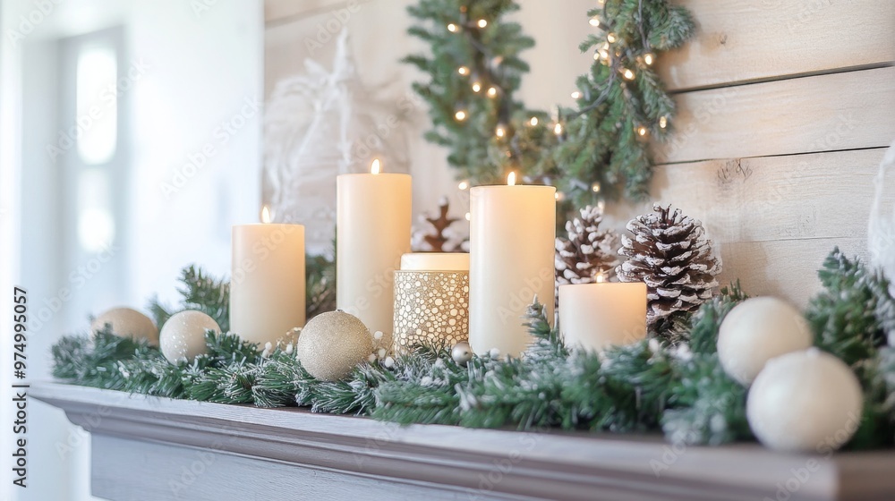 Candles, Ornaments, and Greenery on a Fireplace Mantel Candles, Ornaments, and Greenery on a Fireplace Mantel
