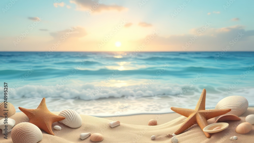 beach-themed card with soft blue and sandy tones, featuring seashells, starfish, and a sunset beach-themed card with soft blue and sandy tones, featuring seashells, starfish, and a sunset