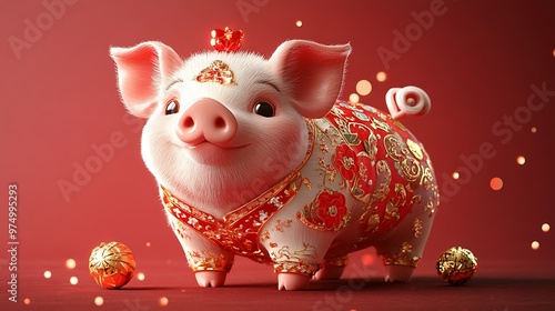 Cute cartoon pig wearing traditional Chinese New Year clothing photo