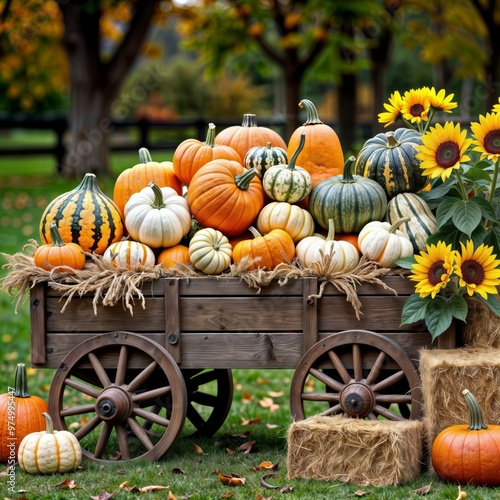 Autumn Harvest Display. Pumpkins and sunflowers in cart.