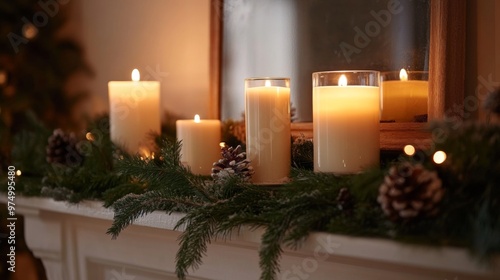 Burning Candles with Pine Branches on a White Mantel