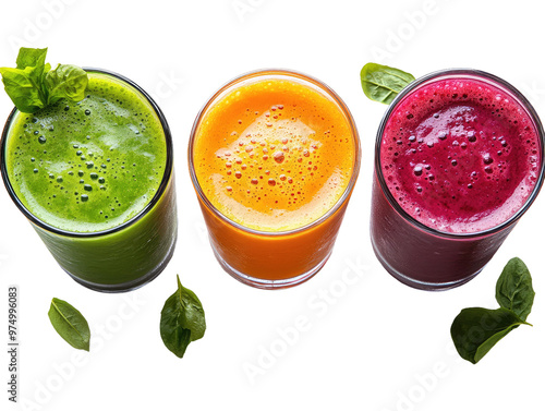 Green, orange, and red juices