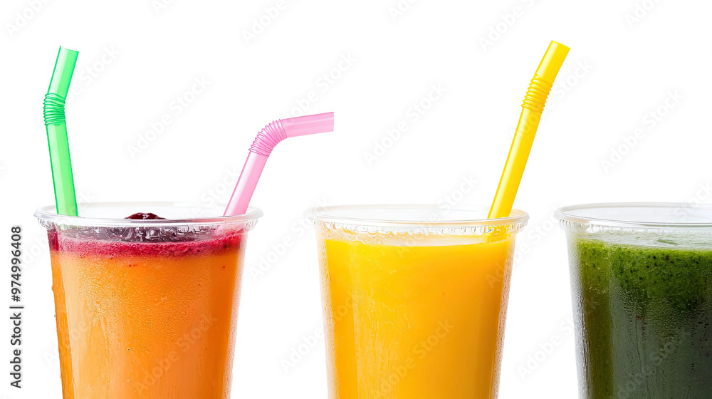 Three colorful smoothies with straws Three colorful smoothies with straws