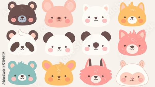 Digital design doodles set of cute animal faces in pastel colors, simple shapes on pastel blue background, cute and friendly faces of various animals such as bears etc.