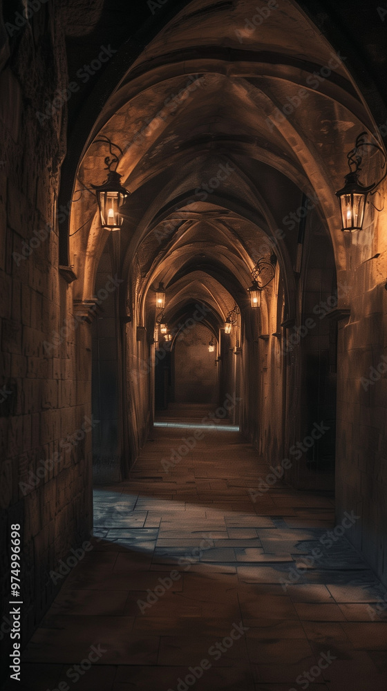 Dimly lit gothic stone corridor with arched ceilings and lanterns, eerie and mysterious atmosphere Dimly lit gothic stone corridor with arched ceilings and lanterns, eerie and mysterious atmosphere