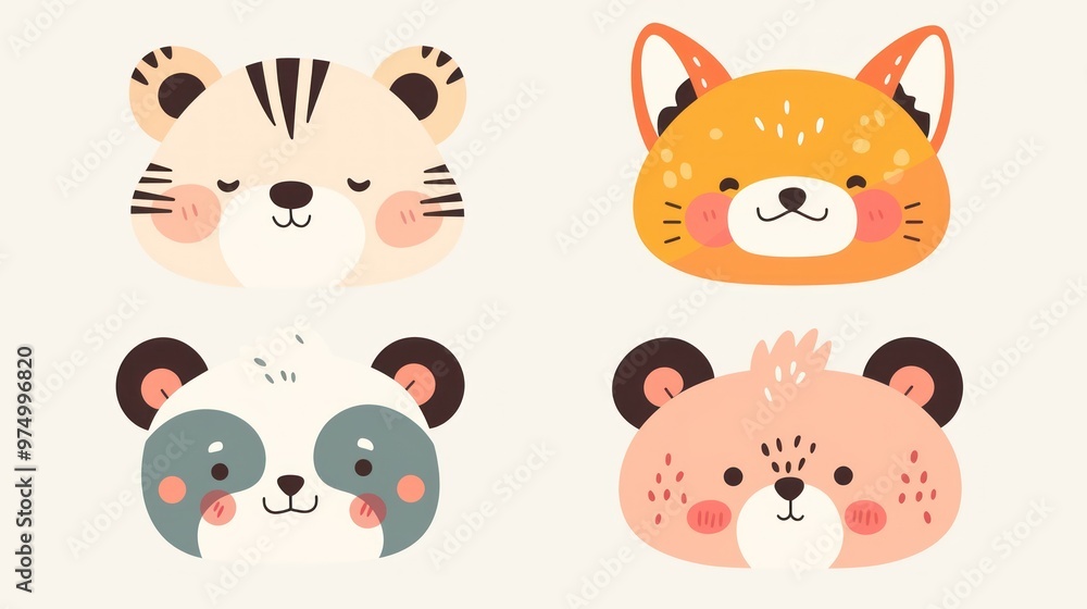 Digital design doodles set of cute animal faces in pastel colors, simple shapes on pastel blue background, cute and friendly faces of various animals such as bears etc. Digital design doodles set of cute animal faces in pastel colors, simple shapes on pastel blue background, cute and friendly faces of various animals such as bears etc.