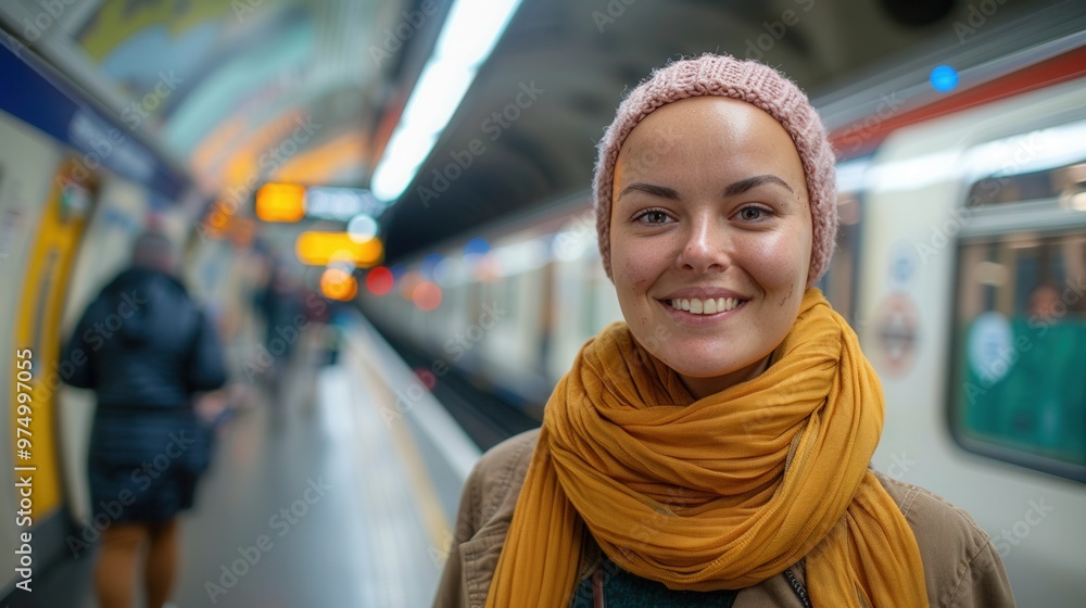 happy woman with alopecia smiling on the subway station happy woman with alopecia smiling on the subway station