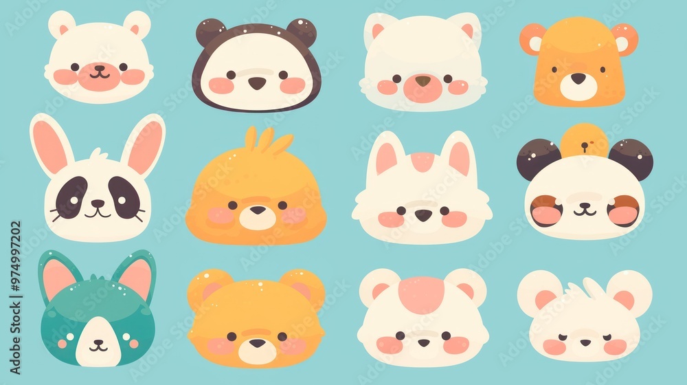 Digital design doodles set of cute animal faces in pastel colors, simple shapes on pastel blue background, cute and friendly faces of various animals such as bears etc. Digital design doodles set of cute animal faces in pastel colors, simple shapes on pastel blue background, cute and friendly faces of various animals such as bears etc.