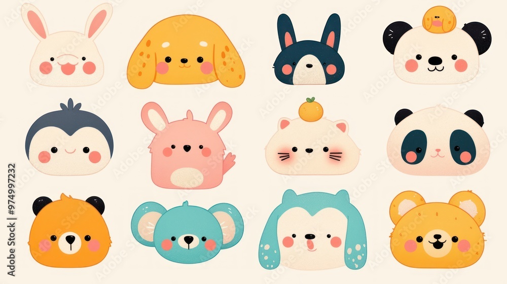 Digital design doodles set of cute animal faces in pastel colors, simple shapes on pastel blue background, cute and friendly faces of various animals such as bears etc. Digital design doodles set of cute animal faces in pastel colors, simple shapes on pastel blue background, cute and friendly faces of various animals such as bears etc.
