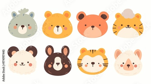 Digital design doodles set of cute animal faces in pastel colors, simple shapes on pastel blue background, cute and friendly faces of various animals such as bears etc.