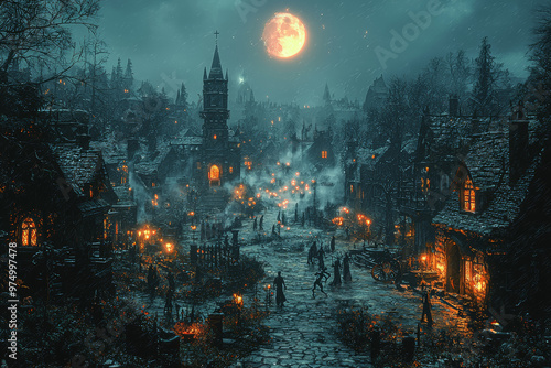 A village square where skeletons and townsfolk dance together in the moonlight. Concept of community and death.