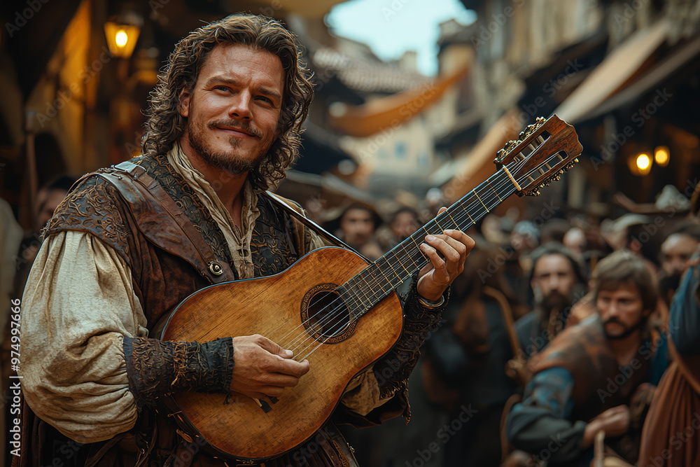 A traveling minstrel entertaining a crowd with a lute and song. Concept of medieval music and entertainment.