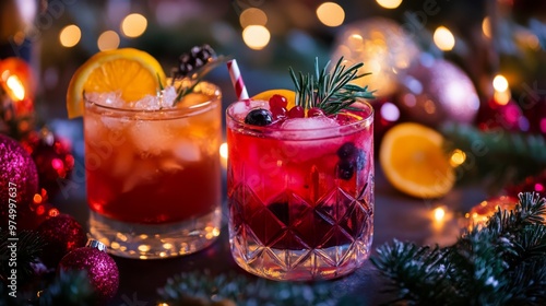 Two Festive Cocktails with Christmas Decorations and Lights