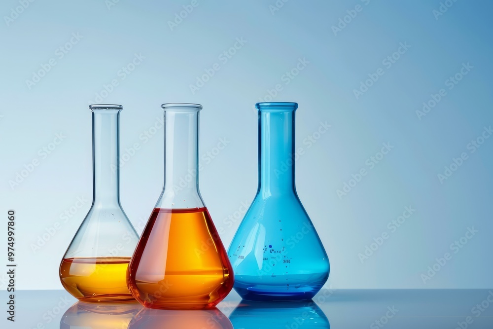 Three erlenmeyer flasks containing colorful chemical liquid are standing on a reflective surface Three erlenmeyer flasks containing colorful chemical liquid are standing on a reflective surface