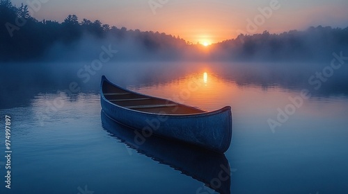 The peaceful solitude of a canoe on a misty lake at dawn photo