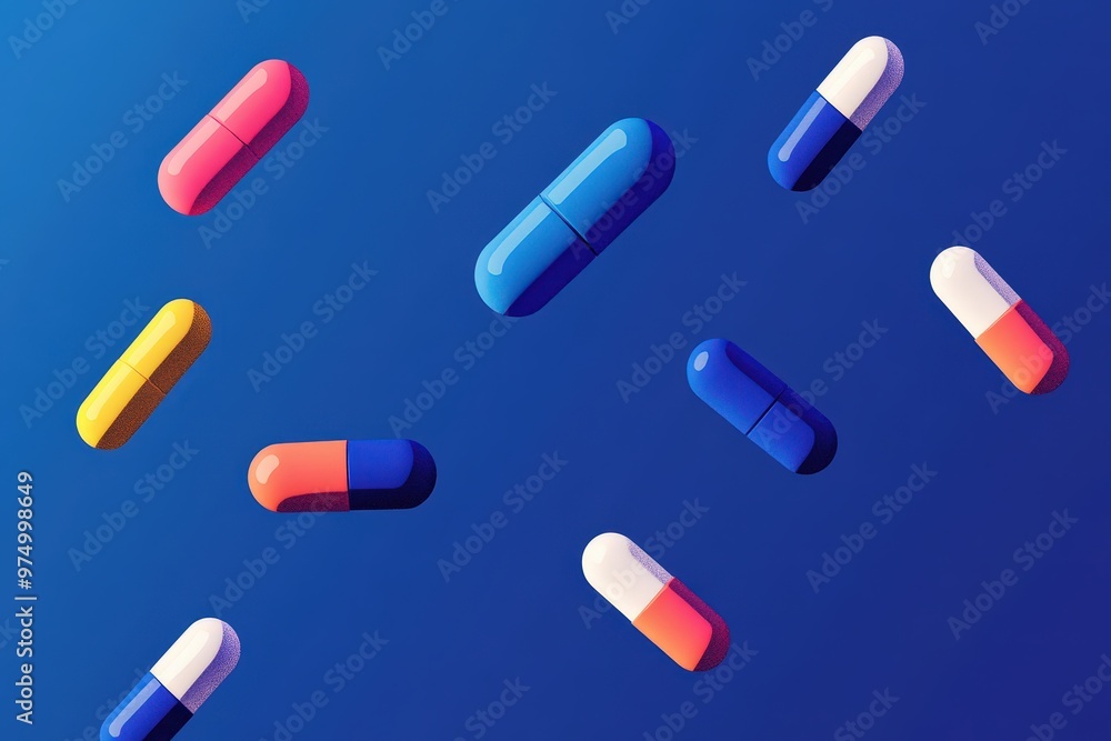 Pills in capsules and white whole and crushed pills on a blue background. . Concept of medicine. Close-up. Beautiful simple AI generated image Pills in capsules and white whole and crushed pills on a blue background. . Concept of medicine. Close-up. Beautiful simple AI generated image