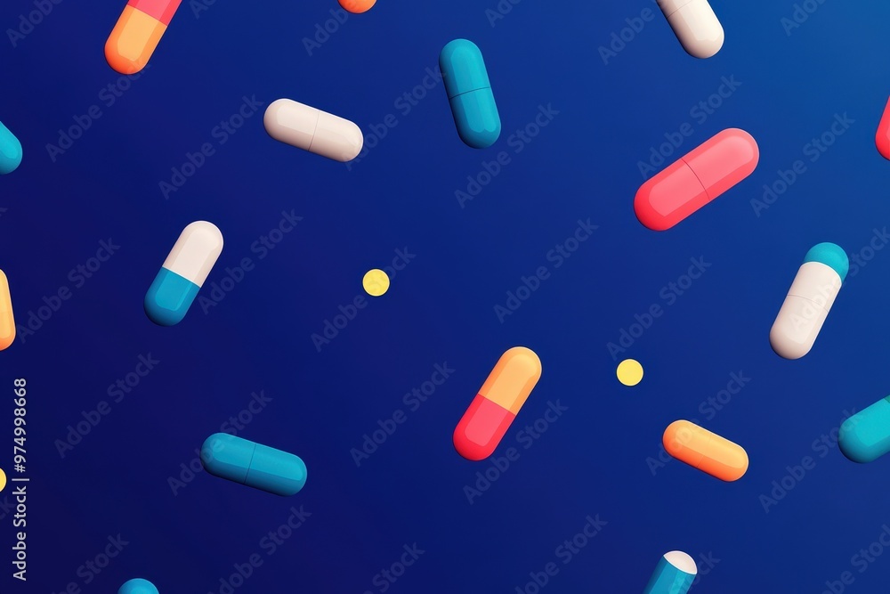 Pills in capsules and white whole and crushed pills on a blue background. . Concept of medicine. Close-up. Beautiful simple AI generated image