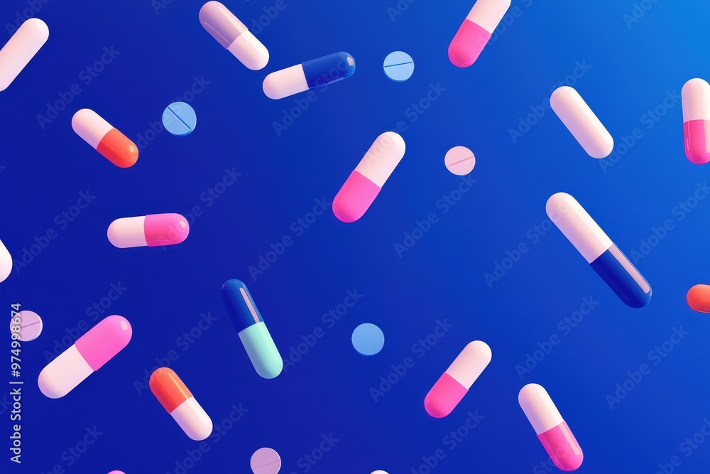 A vivid close-up of assorted capsules and pills arranged on a blue surface, creating a sense of variety in pharmaceuticals.. Beautiful simple AI generated image A vivid close-up of assorted capsules and pills arranged on a blue surface, creating a sense of variety in pharmaceuticals.. Beautiful simple AI generated image