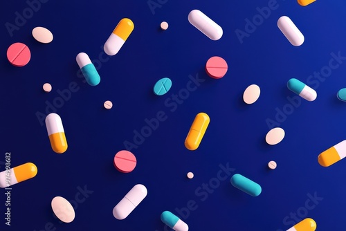 Different types of pills fall on the table. On a blue background.Filmed on a high-speed camera. Beautiful simple AI generated image