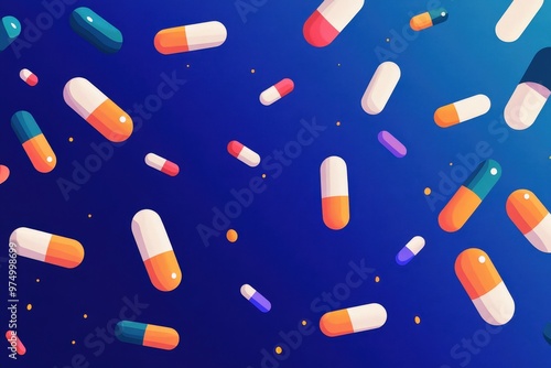 Pills in capsules and white whole and crushed pills on a blue background. . Concept of medicine. Close-up. Beautiful simple AI generated image photo