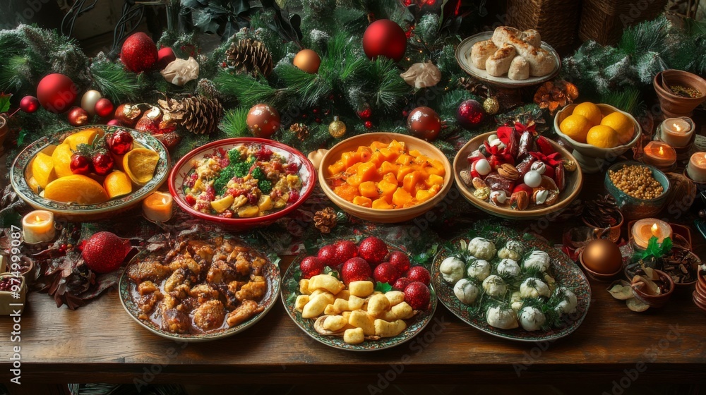 Festive Christmas Table Spread with Various Dishes and Decorations Festive Christmas Table Spread with Various Dishes and Decorations