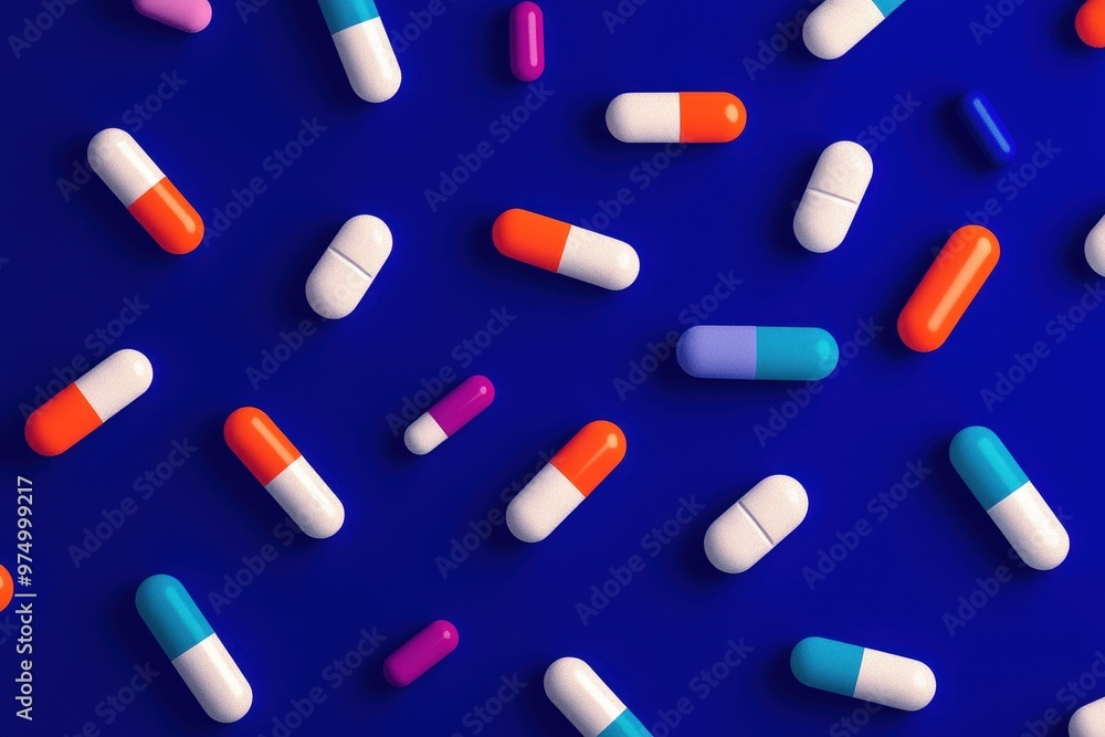 Falling multi-colored pills on a blue background, top view.. Beautiful simple AI generated image Falling multi-colored pills on a blue background, top view.. Beautiful simple AI generated image