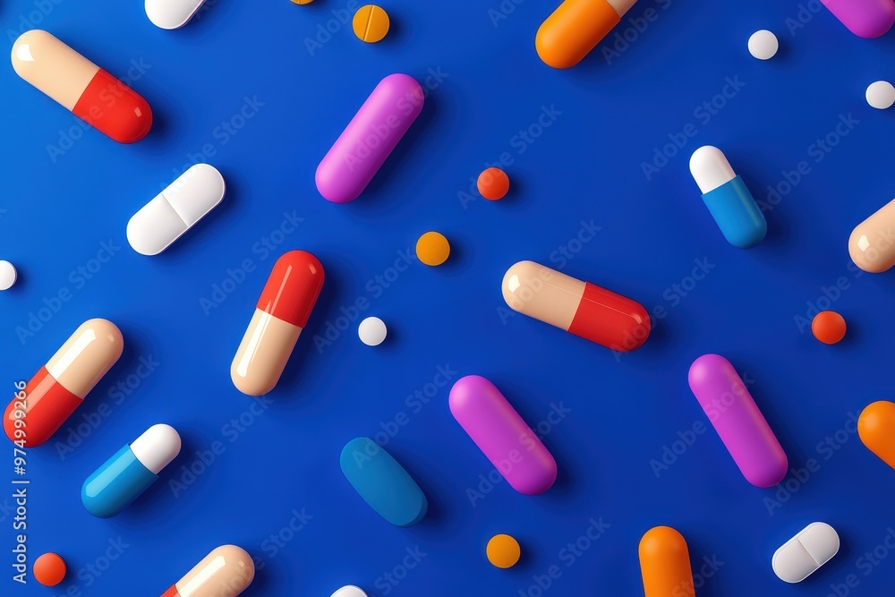 Pills in capsules and white whole and crushed pills on a blue background. . Concept of medicine. Close-up. Beautiful simple AI generated image Pills in capsules and white whole and crushed pills on a blue background. . Concept of medicine. Close-up. Beautiful simple AI generated image
