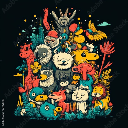 Colorful illustration of various whimsical animals. photo