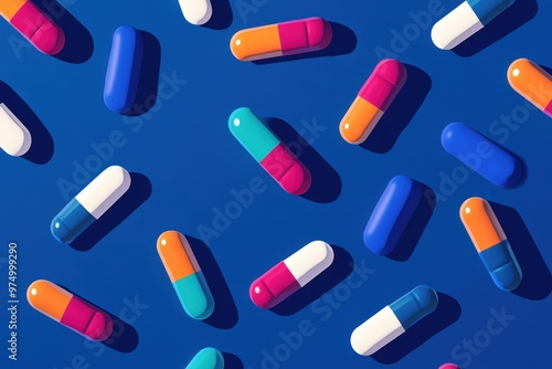 Pills in capsules and white whole and crushed pills on a blue background. . Concept of medicine. Close-up. Beautiful simple AI generated image