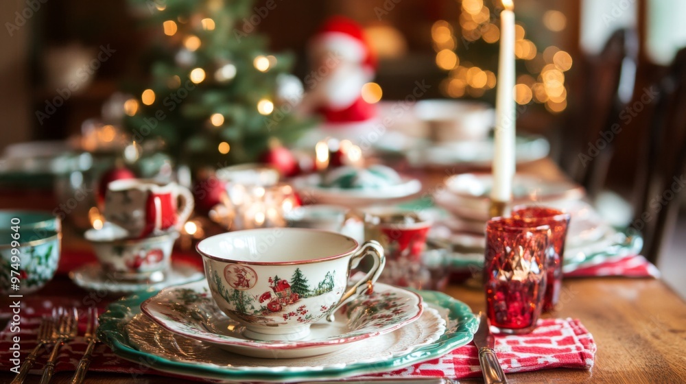 Christmas Teacup and Plates Setting on a Table with Festive Decorations Christmas Teacup and Plates Setting on a Table with Festive Decorations