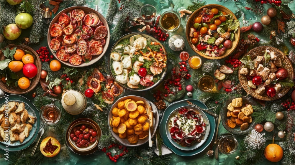 Festive Table Setting with Various Dishes, Drinks, and Christmas Decorations Festive Table Setting with Various Dishes, Drinks, and Christmas Decorations