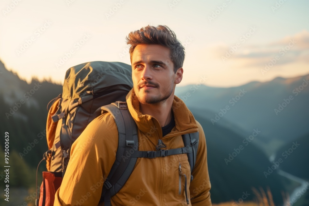 A young man stands against a breathtaking mountain backdrop during sunset, taking in the peaceful beauty of summer nature. The vibrant colors highlight the serene atmosphere A young man stands against a breathtaking mountain backdrop during sunset, taking in the peaceful beauty of summer nature. The vibrant colors highlight the serene atmosphere