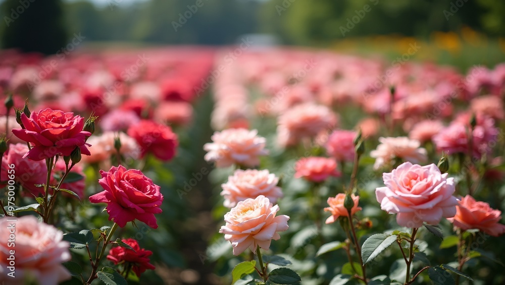 Vibrant rose garden in full bloom under the sun showcasing pink red and white roses with soft petals Vibrant rose garden in full bloom under the sun showcasing pink red and white roses with soft petals