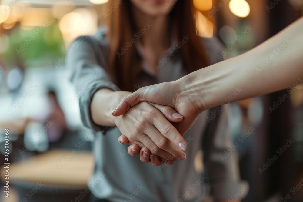 A young Caucasian woman extends her hand for a friendly handshake with a client, creating a welcoming atmosphere in a modern meeting space filled with warm light A young Caucasian woman extends her hand for a friendly handshake with a client, creating a welcoming atmosphere in a modern meeting space filled with warm light