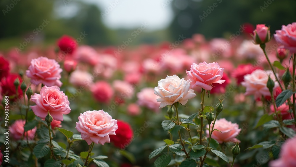Vibrant rose garden in full bloom under the sun showcasing pink red and white roses with soft petals Vibrant rose garden in full bloom under the sun showcasing pink red and white roses with soft petals