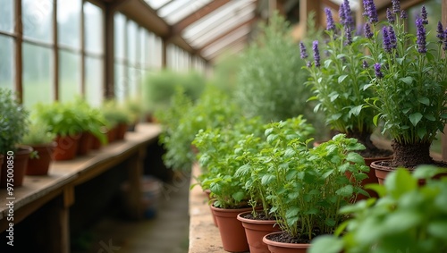 Rustic greenhouse with herbs and flowers basking in sunlight