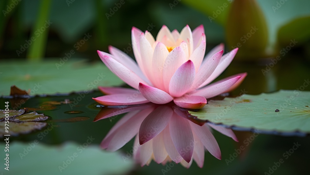 Graceful lotus flower in full bloom above serene pond pink petals and reflection in water Graceful lotus flower in full bloom above serene pond pink petals and reflection in water