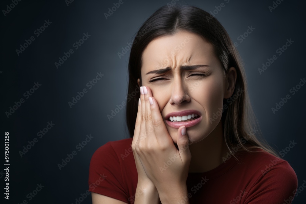 A beautiful young woman is visibly suffering from intense tooth pain, grasping her cheek and expressing discomfort, highlighting the need for dental care A beautiful young woman is visibly suffering from intense tooth pain, grasping her cheek and expressing discomfort, highlighting the need for dental care