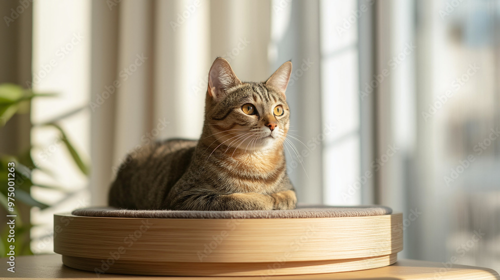 Naklejka premium A striped cat sits elegantly on a wooden lounger and scratching post by a brightly lit window, basking in the sun and demonstrating calm and observant behavior.