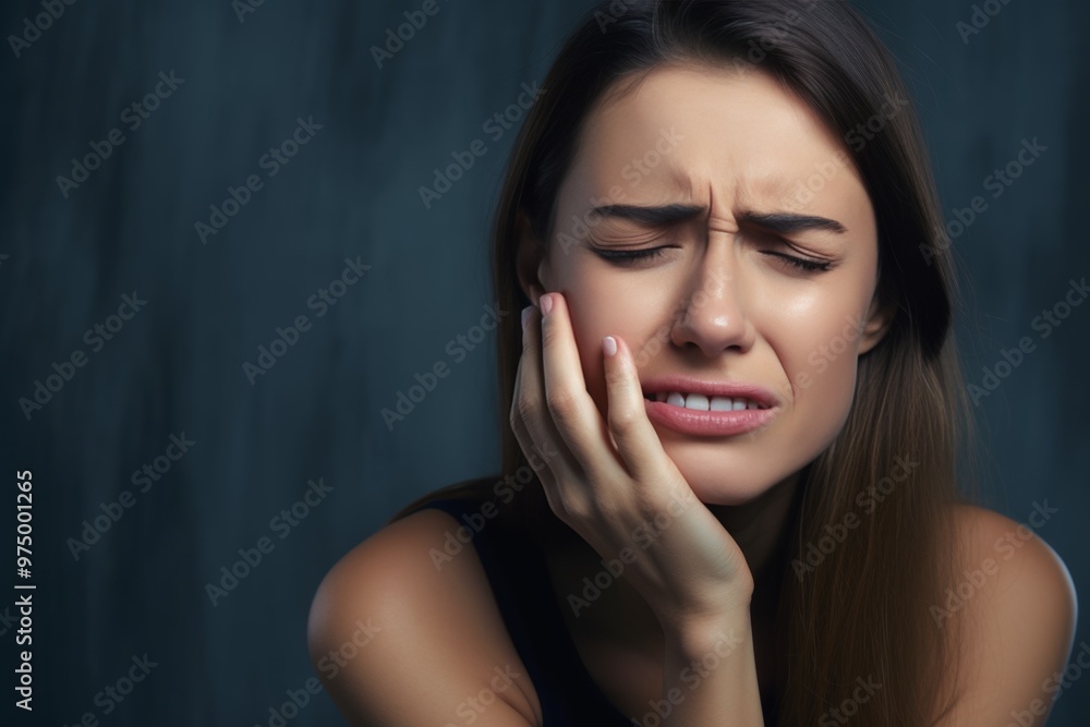 A beautiful young woman is visibly distressed from intense tooth pain, holding her cheek with one hand. This moment captures the struggle of dental discomfort A beautiful young woman is visibly distressed from intense tooth pain, holding her cheek with one hand. This moment captures the struggle of dental discomfort