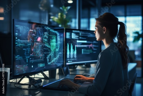 A woman is focused on programming with holographic displays in a sleek office environment during nighttime, highlighting innovation and dedication in technology