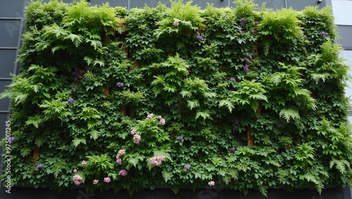 Stunning vertical garden on modern building lush ferns ivy flowers create vibrant green wall