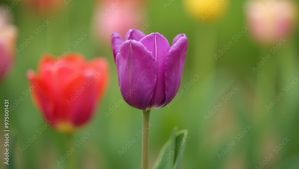 Vibrant purple tulip amidst colorful blooms in garden setting Vibrant purple tulip amidst colorful blooms in garden setting