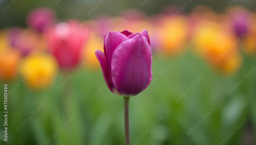 Vibrant purple tulip amidst colorful blooms in garden setting Vibrant purple tulip amidst colorful blooms in garden setting