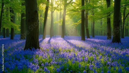 Tranquil forest carpeted with vibrant bluebells under a canopy of tall trees