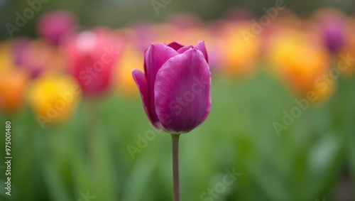 Vibrant purple tulip amidst colorful blooms in garden setting
